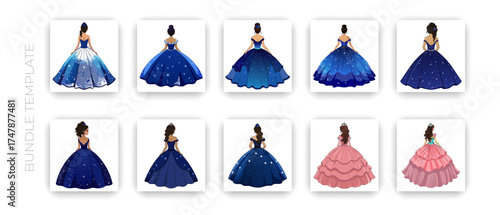 Elegant Princess in Blue Ball Gown Dress – Fashion Illustration Vector