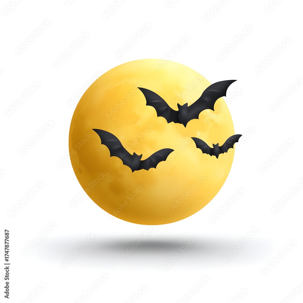 Fototapeta premium Four black bats flying in front of a glowing yellow moon on a white background