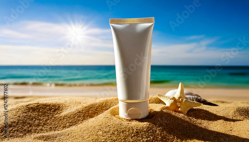 Close-up of sunscreen product mockup in sleek tube packaging, placed on a beach-inspired background with sand, seashells, and sunlight reflections. Emphasize UV protection, summer skincare