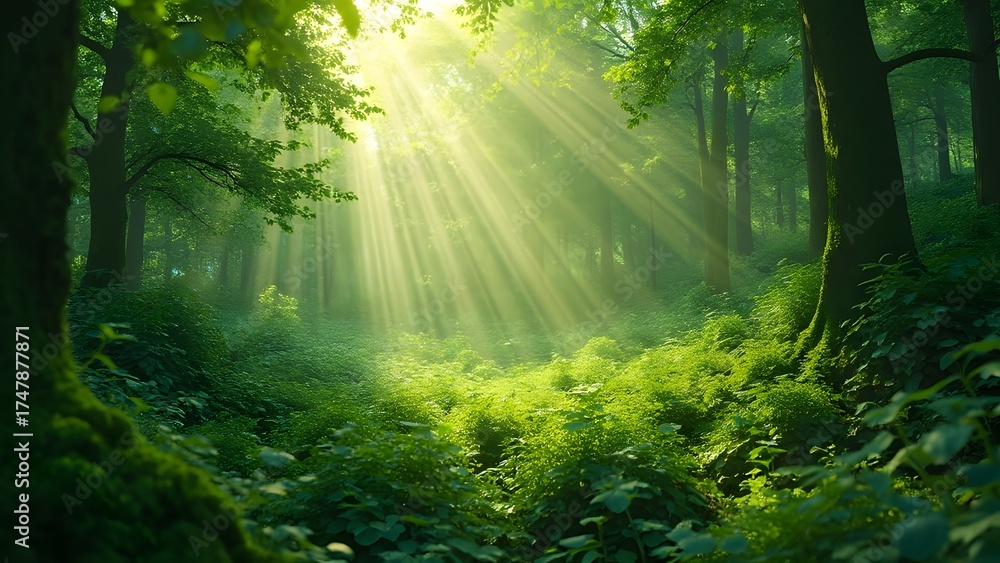 Fototapeta premium Sunbeams in Lush Green Forest Mystical Nature Scene