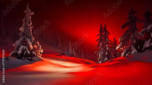 Red Winter Wonderland Snowscape,  Snowy Trees and Hills