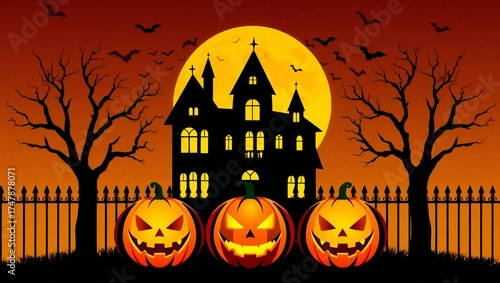 Spooky halloween scene with haunted house jack o lanterns and full moon