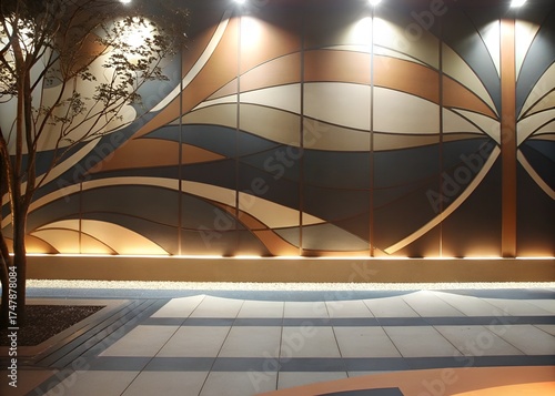 Abstract mural with geometric patterns and warm lighting at night  