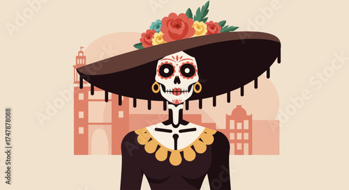 An elegant flat design illustration of La Catrina, the iconic skeletal figure of Day of the Dead, adorned with her signature hat and makeup. 