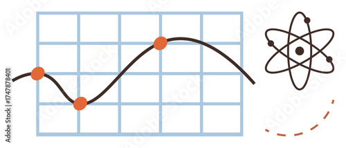 Graph with fluctuating curve on grid background, atom model with electrons, and dotted arc. Ideal for science, research, analysis, data trends, technology education innovation. Simple flat metaphor