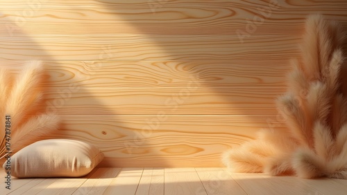 Beige Cushion Pampas Grass Wooden Wall Background