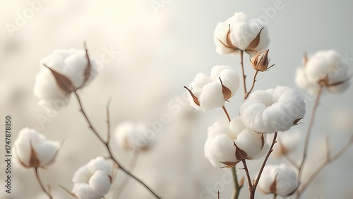 Soft White Cotton Bolls on Branches Close Up