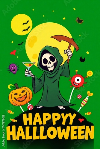 Cute skeleton grim reaper holding martini glass and axe on halloween night