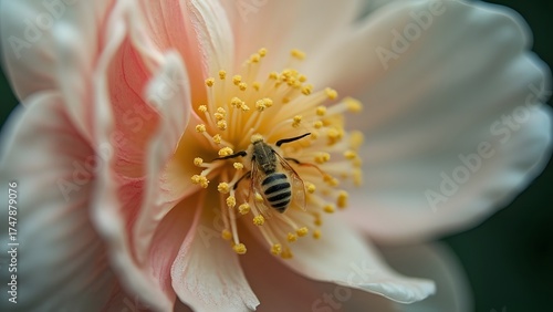 Closeup Bee on Pink White Flower Macro Photography