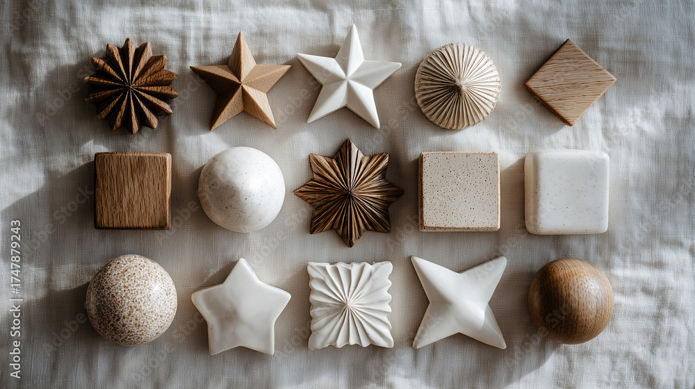 Fototapeta premium Collection of wooden and ceramic stars and spheres arranged on fabric