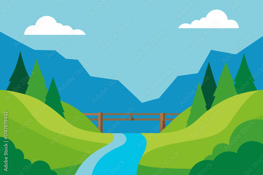 Fototapeta premium Scenic landscape with bridge river and mountain view