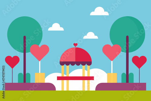 Illustration of a park with hearts and a gazebo