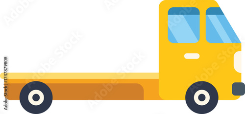 Side view of a yellow flatbed truck transporting goods, perfect for logistics and transportation themes