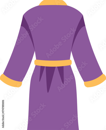 This illustration shows a purple bathrobe tied with a yellow belt, providing a rear view of this cozy home garment