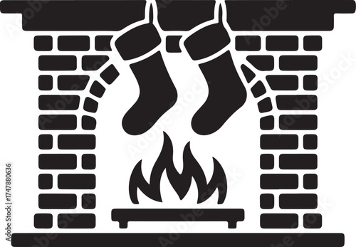Black silhouette of a brick fireplace with hanging Christmas stockings and flames vector