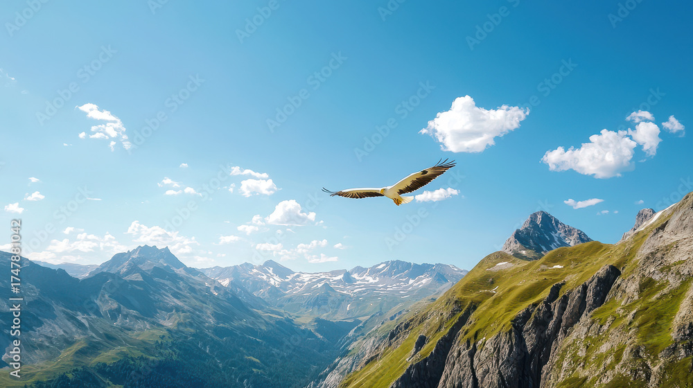 Fototapeta premium Majestic eagle soars above stunning mountain landscape, showcasing freedom and grace under bright blue sky with fluffy clouds