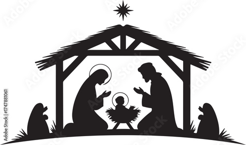 Black silhouette of a nativity scene with Mary Joseph and baby Jesus in a manger under a star black and white