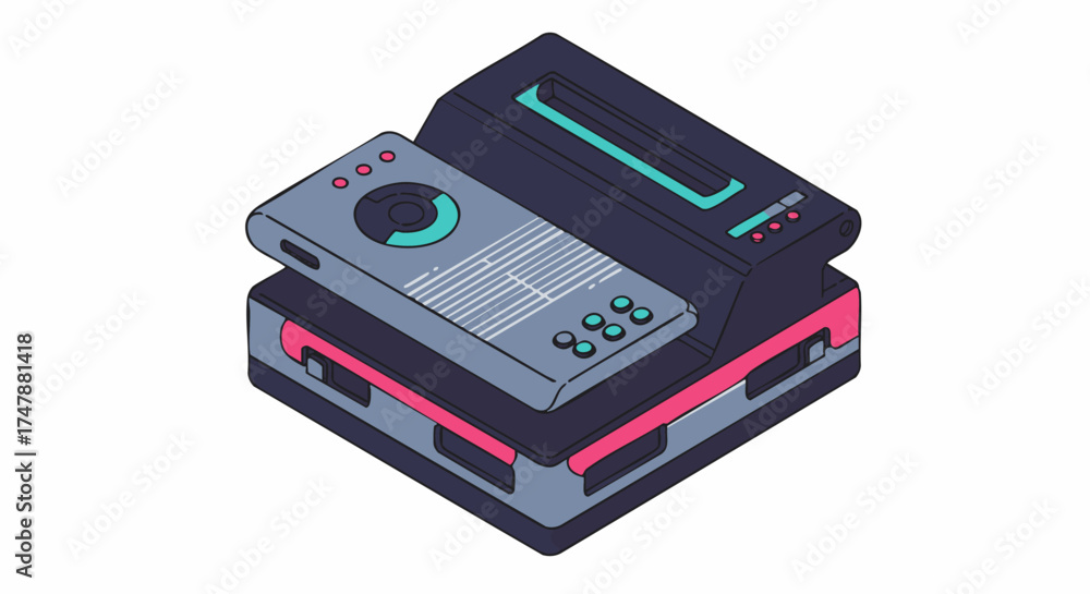 Obraz premium Isometric illustration of a retro gaming console with controller on a platform