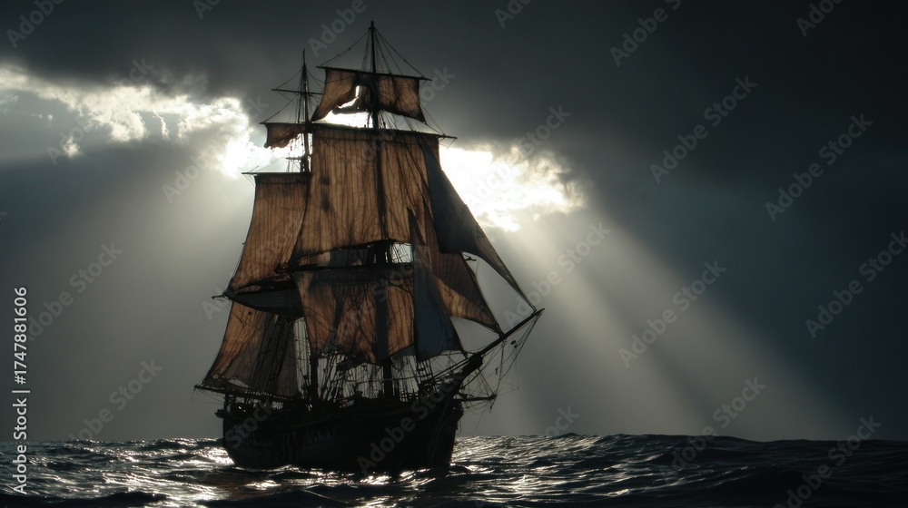 Fototapeta premium Historic sailing ship in stormy seas, sunbeams