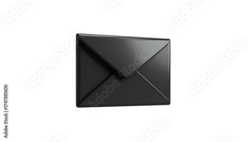 A 3D rendered black envelope with subtle shading, on a stark black background