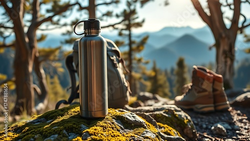 Hiking gear rests on a mossy rock with a mountain landscape.