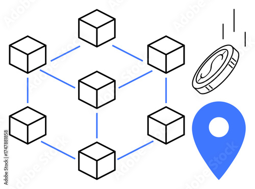 Blockchain network with interconnected cubes, falling cryptocurrency coin, and geolocation marker highlighting digital transaction networks. Ideal for technology, innovation, finance, logistics