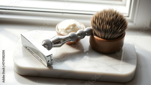 Classic shaving set with brush, cream, and razor on a marble tray, bathed in sunlight.