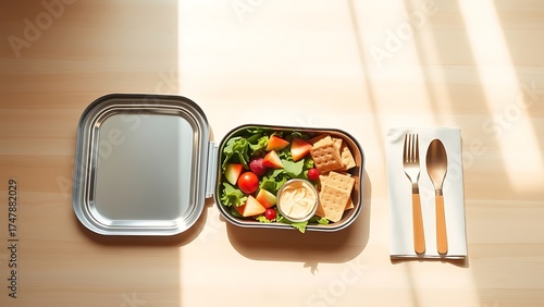 Overhead view of a healthy lunchbox with salad, fruit, crackers, and a dip on a wooden table.
