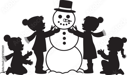 Black silhouette of children building a snowman wearing hats and scarves winter