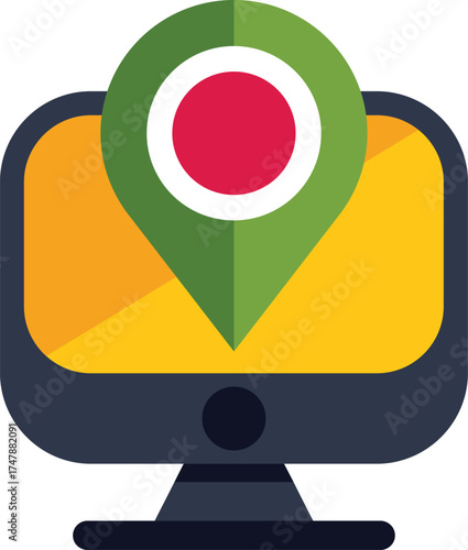 Location pin is pointing on a computer screen, symbolizing online navigation and destination search