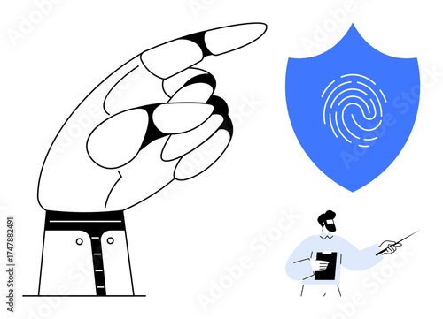 Large stylized hand points towards blue shield featuring a fingerprint. A businessman holds a clipboard and pen. Ideal for topics thumbs up digital security, biometrics, data protection, business