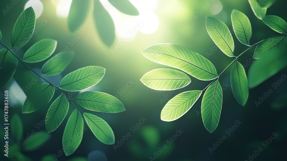 Obraz premium Close-up of green leaves backlit by sunlight, soft focus bokeh background