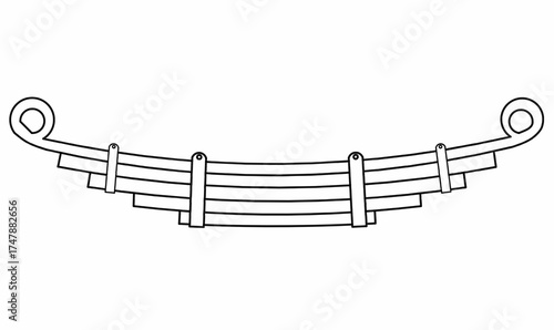 Vector illustration of a vehicle leaf spring suspension, showing curved steel layers, clamps, and eye rings. Used in automotive design, mechanical parts, and engineering diagrams