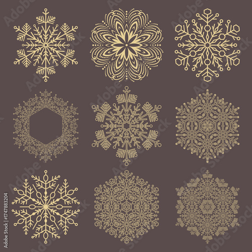Set of golden snowflakes. Collection of winter ornaments. Snowflakes collection. Snowflakes for backgrounds and designs