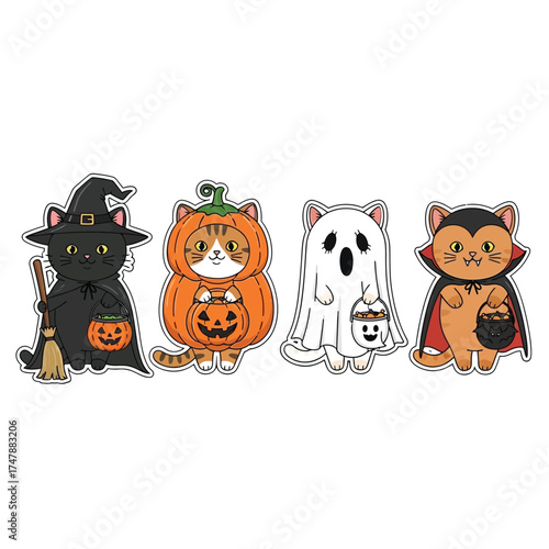 Four cartoon cats in Halloween costumes, ready for trick-or-treating.