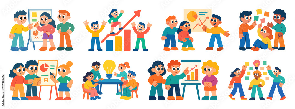 Fototapeta premium PNG Colorful teamwork cartoon illustrations, element set on transparent background