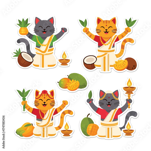Four cartoon cats dressed in traditional Indian clothing, holding various fruits and a lamp, celebrating.