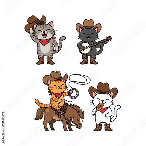 Four cartoon cats dressed as cowboys: one tipping his hat, one playing banjo, one riding a horse with a lasso, and one eating a sausage.