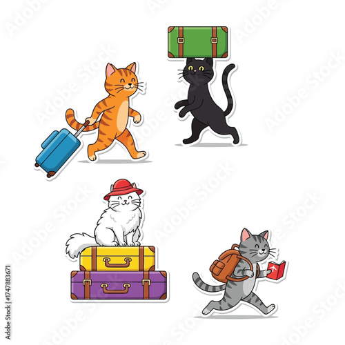 Four cartoon cats prepared for travel, each with luggage and various accessories, ready to embark on a journey.