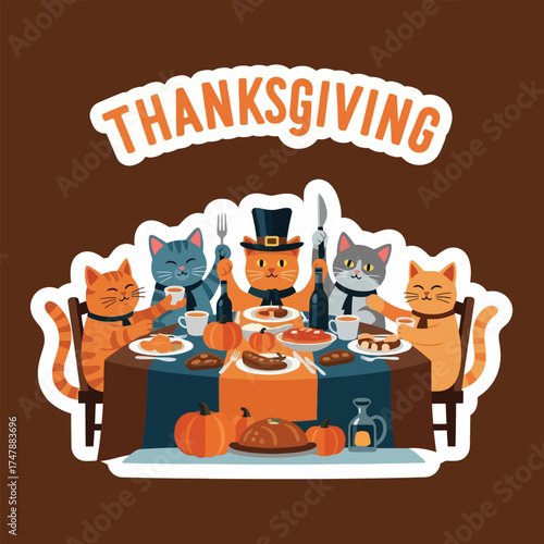 A festive Thanksgiving scene featuring five cartoon cats gathered around a bountiful table.