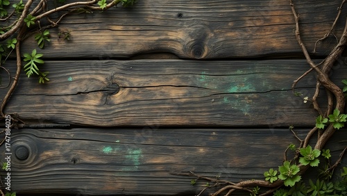 Rustic Wooden Background with Green Vines Frame
