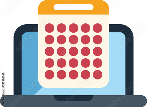 This colorful vector illustration shows an online calendar app open on a laptop screen, perfect for showcasing concepts of time management and scheduling