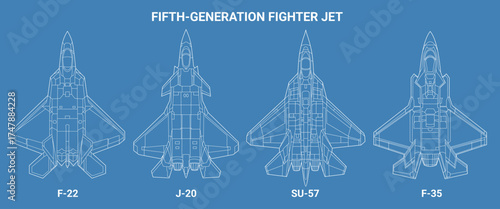 Set of fifth generation fighter jet in blueprint style from top view. Vector illustrations sukhoi f-22 raptor, su-57, chengdu j-20, f-35 fighter jet. Lineart various military 5th-gen combat aircraft.