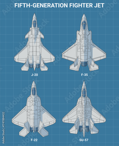 Set of fifth generation fighter jet in blueprint style from top view. Vector illustrations sukhoi f-22 raptor, su-57, chengdu j-20, f-35 fighter jet. Various military 5th-gen combat aircraft design.