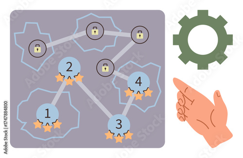 Game level map with numbered stages, stars, locked levels, gear and pointing hand. Ideal for gaming strategy, progress, challenges, decision-making achievement ranking UX design. Simple flat