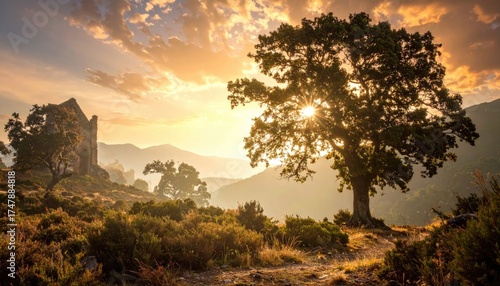 Golden hour scene with sun rays bursting through tree, ruins, and mountains