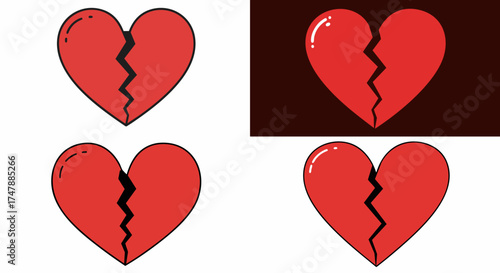 Four cartoon broken hearts symbolize loss grief and emotional pain or heartbreak