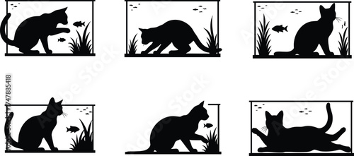 Silhouette cats playing with fish tanks, curious feline watching aquarium, black cat illustration, pet curiosity, aquatic plants, playful animal design