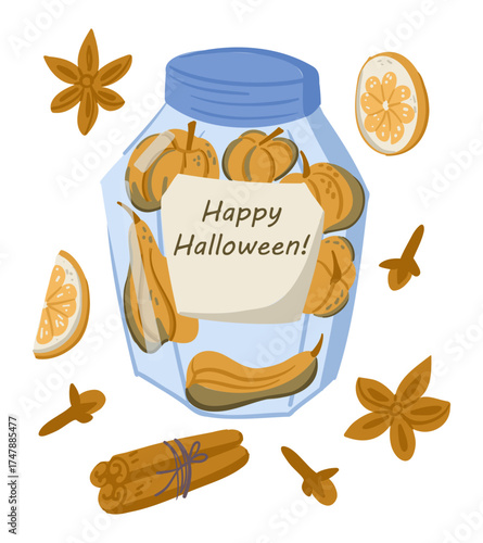 Glass jar filled with mini pumpkins, cinnamon, and spices labeled Happy Halloween. Represents cozy autumn mood and seasonal holiday concept