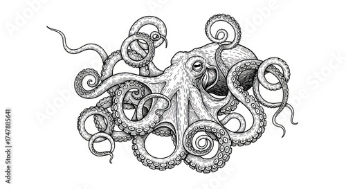 Detailed black and white illustration of a realistic octopus with flowing tentacles and intricate details